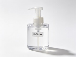 Fototapeta premium Transparent refillable pump bottle on a plain white background