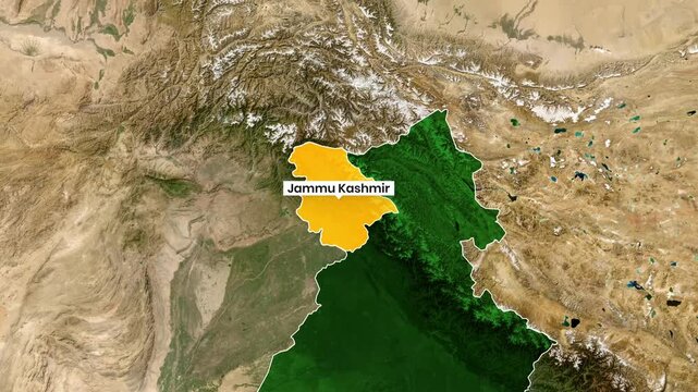 Satellite view video animation showing the Jammu and Kashmir region highlighted