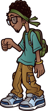 COOL HIP HOP CARTOON CHARACTER VECTOR. YOUNG STUDENT MAN IN STREETWEAR WITH BACKPACK, BANDANA, AND CARGO PANTS WALKING. URBAN YOUTH SUBCULTURE VECTOR ILLUSTRATION