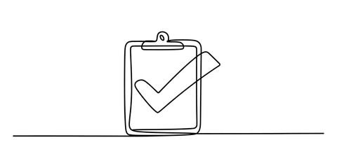 Continuous line drawing of a clipboard with a check mark symbol © Graphics Art