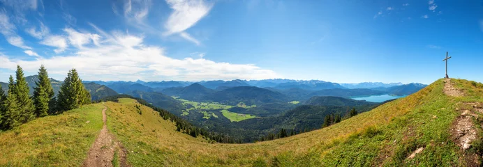 panoramic landscape, hirschhornl mountain with cross, view to Jachenau and alps, bavaria © SusaZoom
