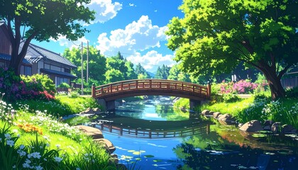 Fototapeta premium Beautiful Anime Style Wooden Bridge Over a Peaceful Japanese Stream in Lush Summer Landscape