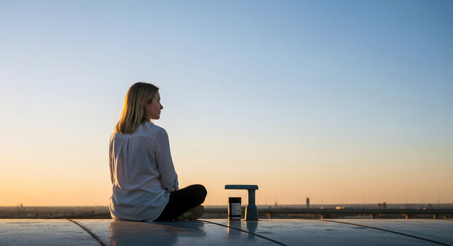 Calm woman sitting in a lotus pose on a rooftop looking at a scenic city horizon during sunset. Peaceful evening ambiance, soft warm glow, clean minimalist view, meditation lifestyle concept.