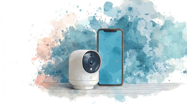 Hand painted watercolor illustration of a smart home security camera with smartphone control app, featuring splash texture, isolated on white background, modern tech concept.