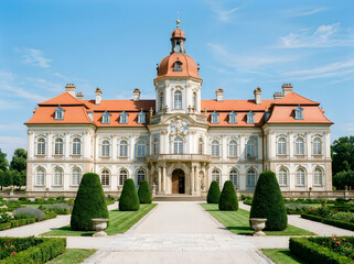 Obraz premium Grand historic palace with orange roof and manicured green garden under a clear blue sky on a sunny summer day in germany