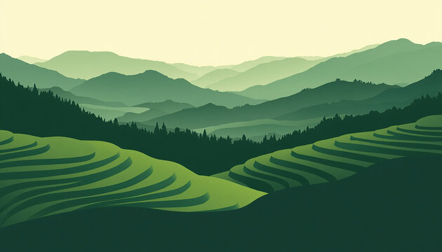 Minimalist flat vector landscape of terraced rice fields in a wide valley layere