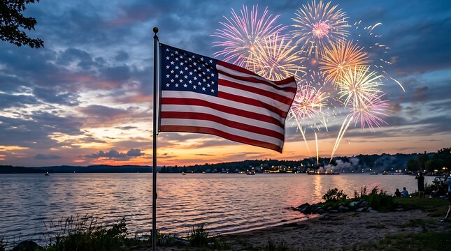 American flag waving, fireworks display, patriotic celebration, summer evening
