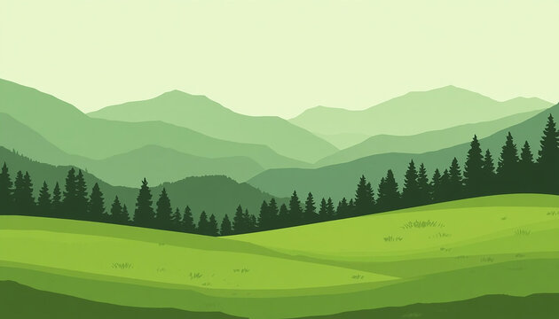 Panoramic flat vector illustration of a highland meadow bordered by pine forest