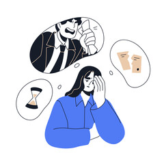 Fototapeta na wymiar Fears, anxiety and stress at work. Employee thinking about deadlines, mistakes, worrying about failure, problem. Overthinking office worker. Flat vector illustration isolated on white background