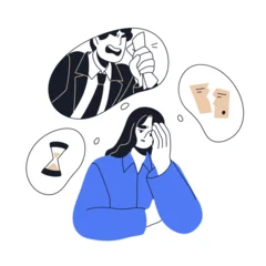 Fears, anxiety and stress at work. Employee thinking about deadlines, mistakes, worrying about failure, problem. Overthinking office worker. Flat vector illustration isolated on white background © Good Studio
