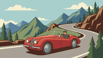 Naklejka premium Classic Roadster Driving Through Mountain Pass Vector Illustration