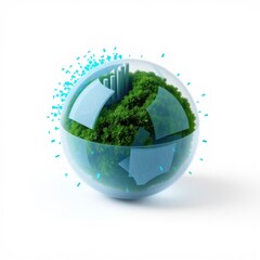 Fototapeta premium Globe depicts nature, technology fusion. Green forest inside transparent sphere. Digital elements surround it, symbolizing connectivity.