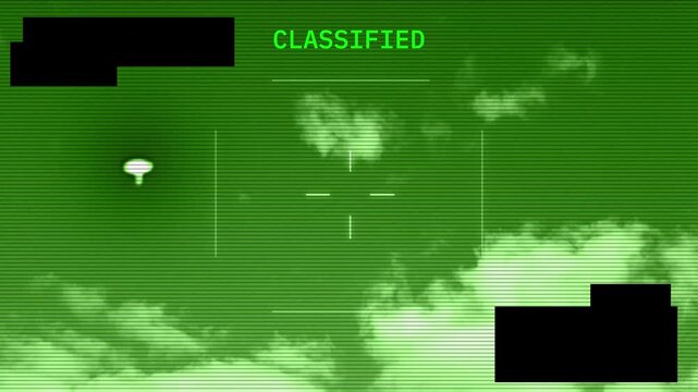 Official government-looking proof of UFO sighting evidence in night vision. Classified top secret Area 51 military surveillance capture of flying object at night. Drone or jet camera. UAP proof