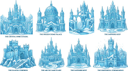 Fantasy Ice Castle and Frozen Palace Vector Icon Set with Glacial Fortresses Crystal Citadels Towers and Arctic Winter Kingdom Architecture Illustrations © MdMonirul