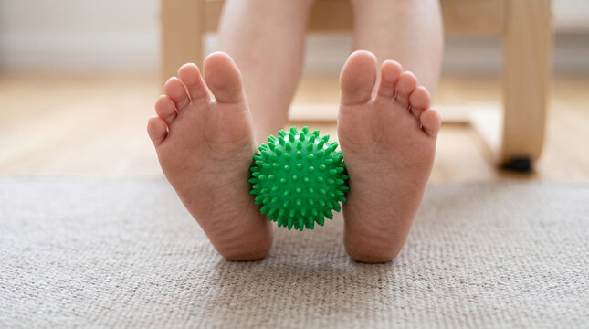 Close-up of child's bare feet exercising with a spiky massage ball for flat feet prevention, arch support and foot reflexology