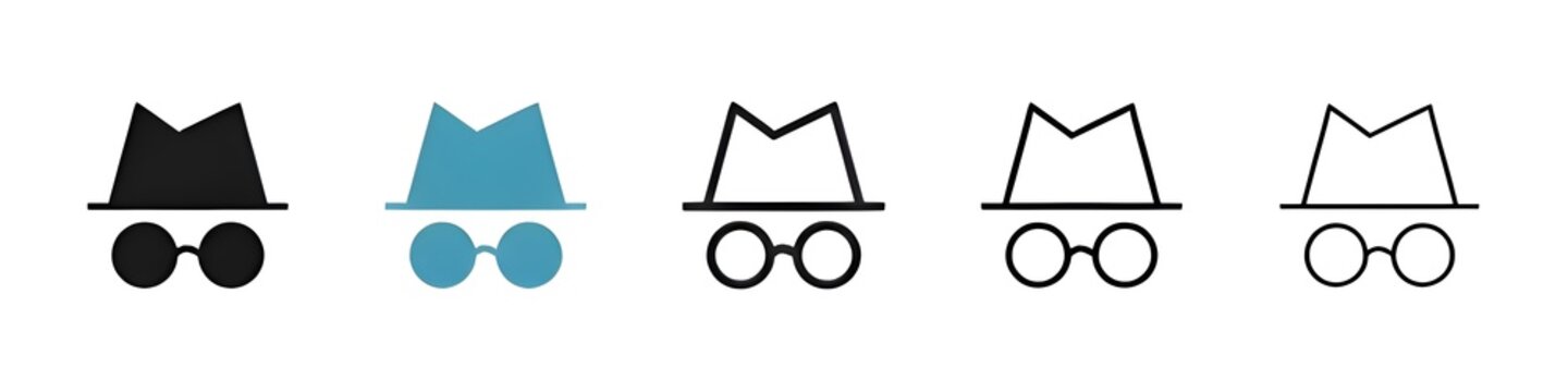 Incognito icon set. secret spy with hat. hidden private web browser icon. undercover investigation agent sign. criminal mafia or gangster symbol. scammer person icon suitable for UI designs. Vector