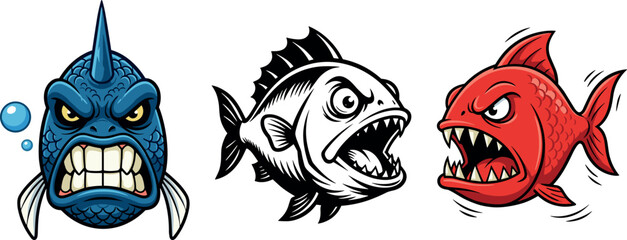 Angry piranha and aggressive monster fish mascot character vector bundle for esports and gaming logos © MstSuraiya