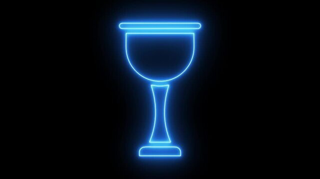 Glowing blue neon chalice animation on black background, minimalist digital goblet