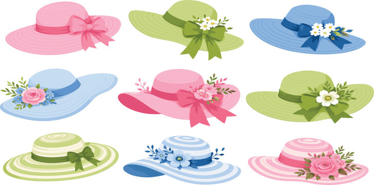 Elegant Women Sun Hats Vector Icon Set with Floral Arrangements Ribbons and Bows for Spring Fashion Garden Parties and Summer Vacation Graphic Designs