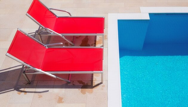 Two bright red deckchairs sit on a tiled terrace next to the clear blue water of a luxury swimming pool.