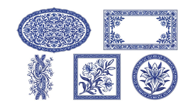 Vintage blue porcelain ornaments, set of 5 floral ceramic vector elements, traditional chinoiserie borders and decorative tile patterns isolated on White Background