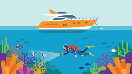 Diver Exploring Coral Reef from Yacht Vector Illustration © Bima