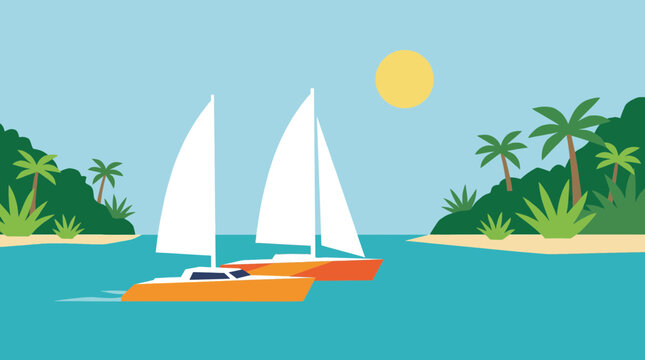 Catamaran Sailing Between Tropical Islands Vector Illustration