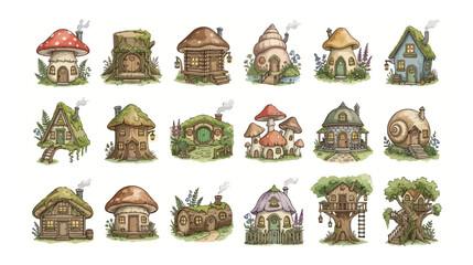 Whimsical fairy garden houses collection, 18 watercolor fantasy forest dwellings, magical mushroom and tree stump cottage vector set for storybook illustration isolated on White Background © noor