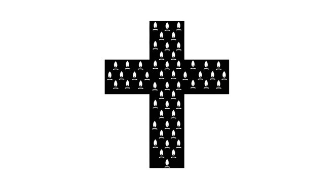 A black cross shape filled with a pattern of small white human silhouettes.