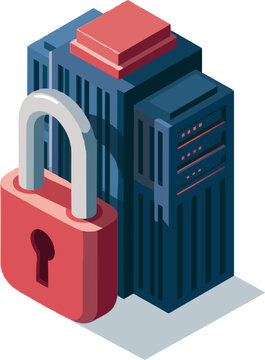 A secure server rack is protected by a massive red padlock in an isometric view, showcasing high-tech security against remote cloud access networks