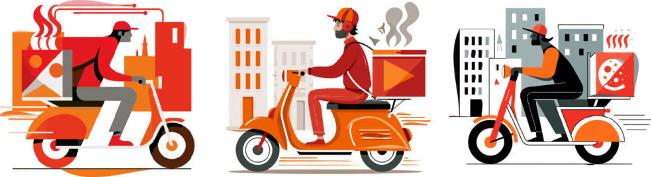 A food delivery scooter rider in a vibrant orange uniform speeds past simple city buildings, delivering piping hot geometric pizza boxes with minimalist vector art design