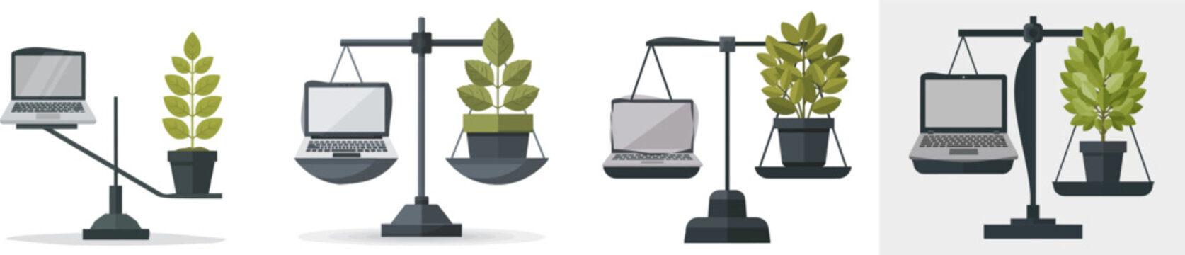 A minimalist vector illustration depicts a balance scale with a corporate laptop tipping the scales towards a healthy green plant, symbolizing the importance of balancing digital productivity with