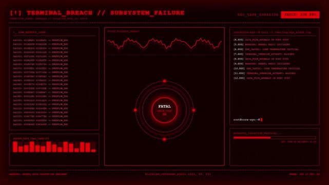 Futuristic red terminal breach system failure hud interface animation.