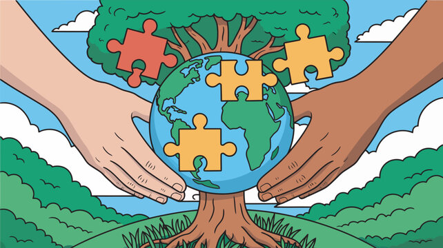 Hands reach out to support a globe that is growing from the trunk of a stylized tree.