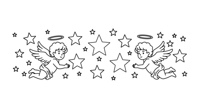 Line art illustration of two cute cherub angels flying among many stars.