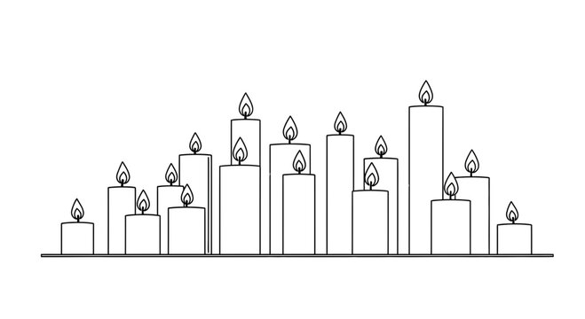 A collection of hand drawn candles with flickering flames in a simple line art style.