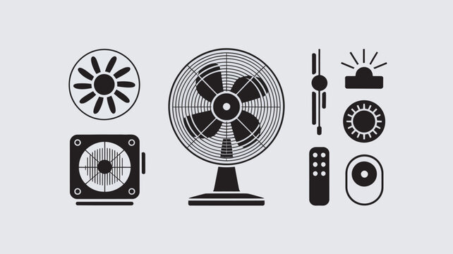 Electric fan collection displays various cooling devices and remote controls for climate management in indoor environments.