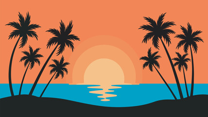 Fototapeta premium Palm trees silhouetted against a vibrant sunset sky create a serene coastal atmosphere for travel.