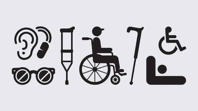 Disability icons illustrate various accessibility tools and support needs for inclusive environments.