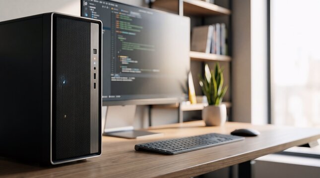 Powerful desktop gaming pc tower in a minimalist home office workspace environment with computer programming software developer workstation technology keyboard