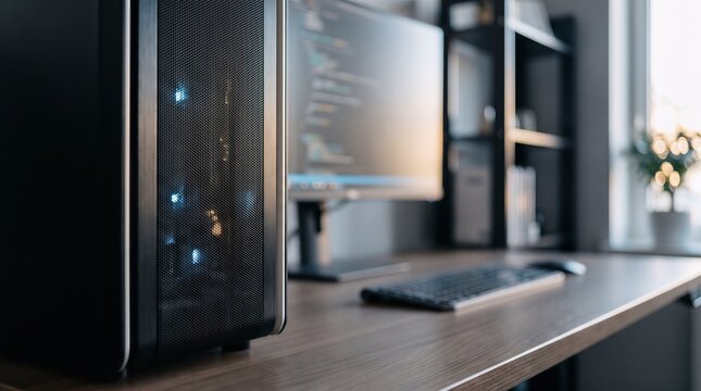 Computer workstation with tower pc and monitor displaying programming code on a wooden desk in a modern home office setting computer programming developer workstation