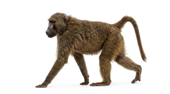 Adult baboon monkey walking side view isolated on white