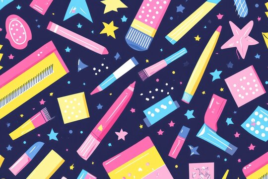 A whimsical pattern of colorful makeup and beauty products on a dark blue background