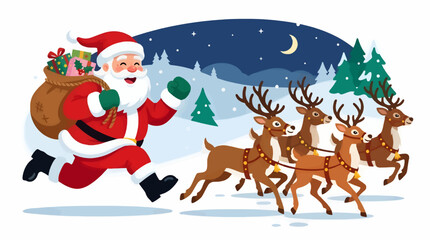 Fototapeta premium Flat Vector Illustration of Santa Claus Running with Gift Sack, Pulling Reindeer Sleigh Through Snowy Winter Night Landscape with Moon and Stars, Christmas Celebration