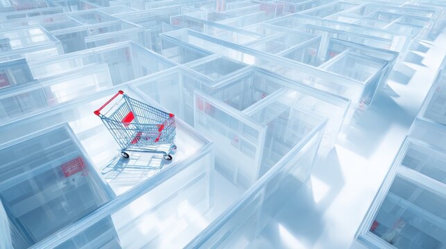 Modern shopping cart caught inside a transparent maze, bright commercial environment, consumer debt and overconsumption concept, ultra realistic