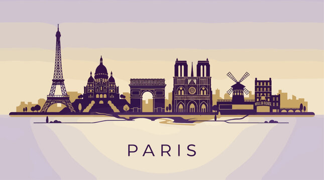 Minimalist Parisian Skyline Silhouette Vector Illustration, Eiffel Tower, Notre Dame, Arc de Triomphe and Sacre-Coeur, Duotone Background with Copy Space