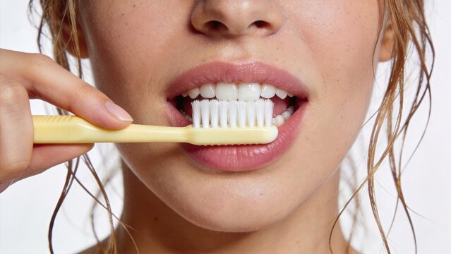 Close-up of woman brushing teeth with yellow toothbrush, dental hygiene and oral care routine, healthy white teeth smile, personal grooming concept