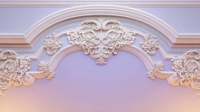 Ornate Victorian wall moldings emerging from a smooth contemporary gradient background in lavender and peach tones, luxury design aesthetic, ultra