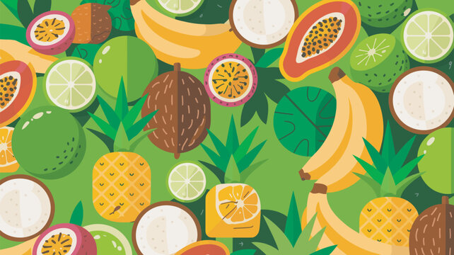 Tropical fruits including pineapples, bananas, and coconuts are arranged in a colorful flat lay pattern.