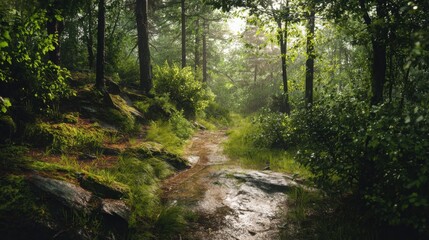 Fototapeta premium peaceful forest trail after rainfall, sunlight filtering through trees, fresh green foliage, nature wellness concept, cinematic landscape
